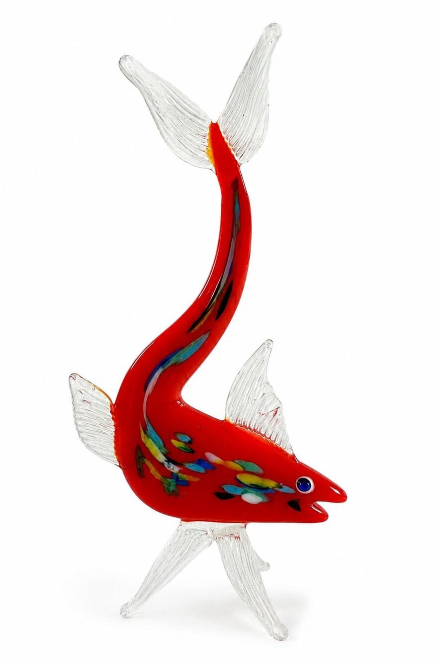 Murano Style Red Art Glass Tropical Fish Figurine Hand Blown 7.5” Sculpture